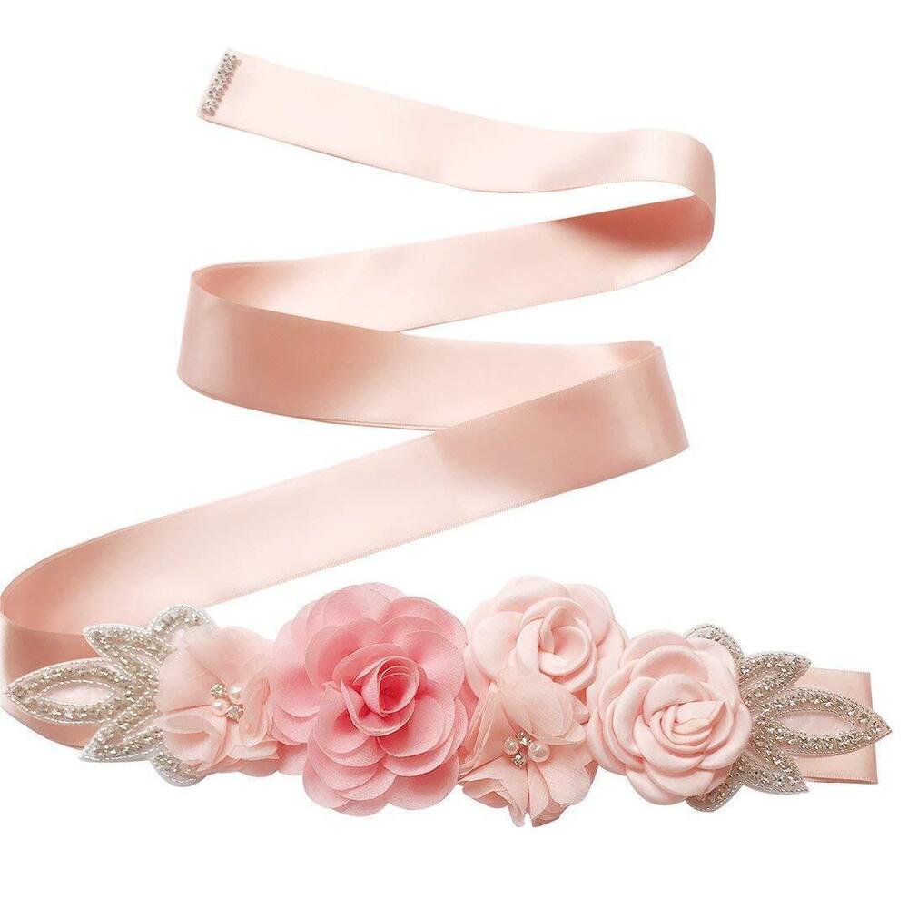 3967 Baby Shower Rose Belts Handmade Floral with Pearls Satin Ribbon